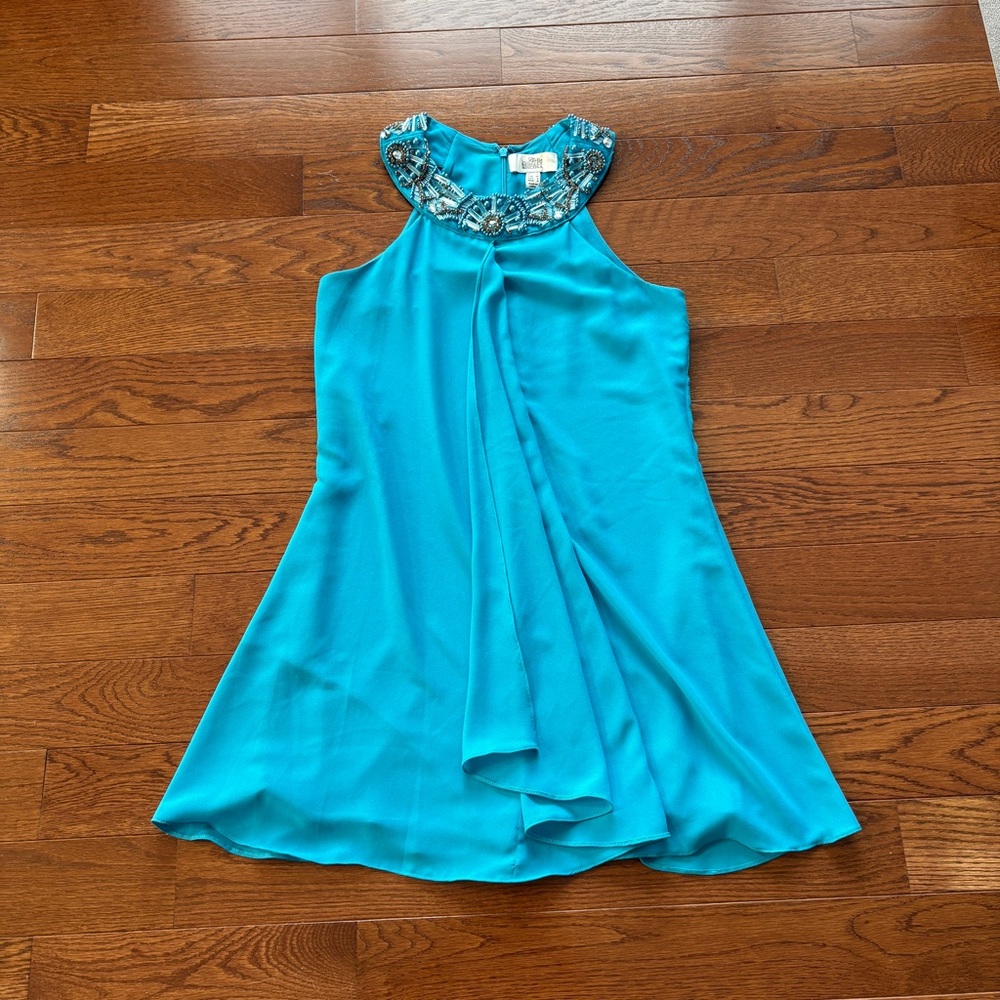 BADGLEY MISCHKA BELLE Chiffon Jeweled High Neck Mini Dress Turquoise 0